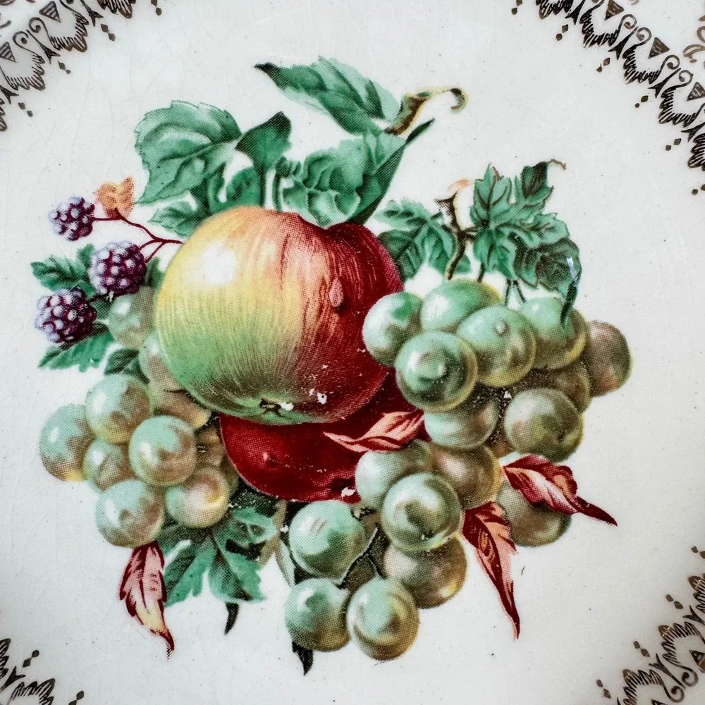 Lot of‎ 6 Salem Ovenproof Salad Plates Fruit Pattern 23K Gold Rims 7.25